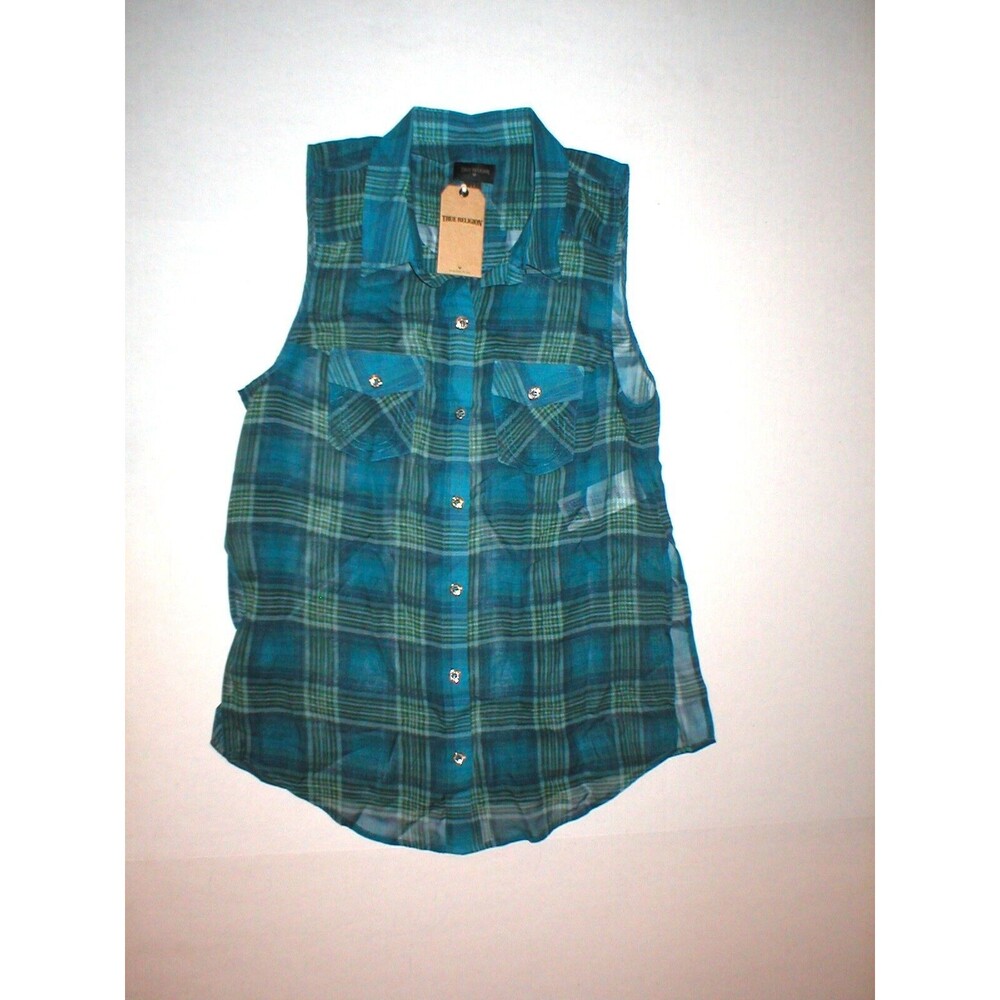 New Womens Designer True Religion Blue Silk S Plaid Top Sleeveless Logo Whit NWT